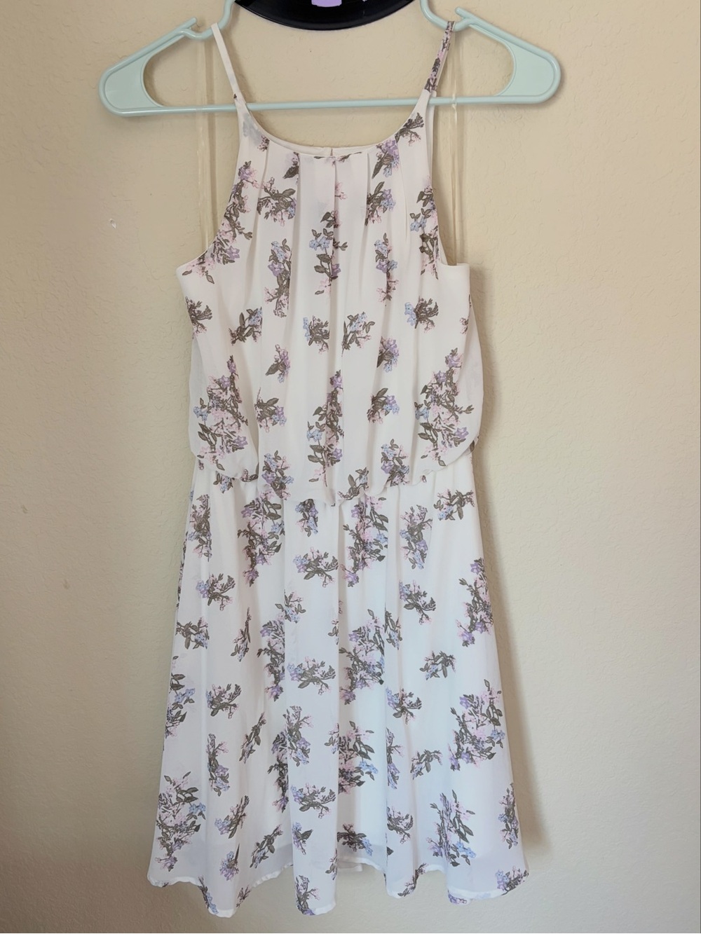 Blue Rain White Dress with Lavender and Sage Floral Print